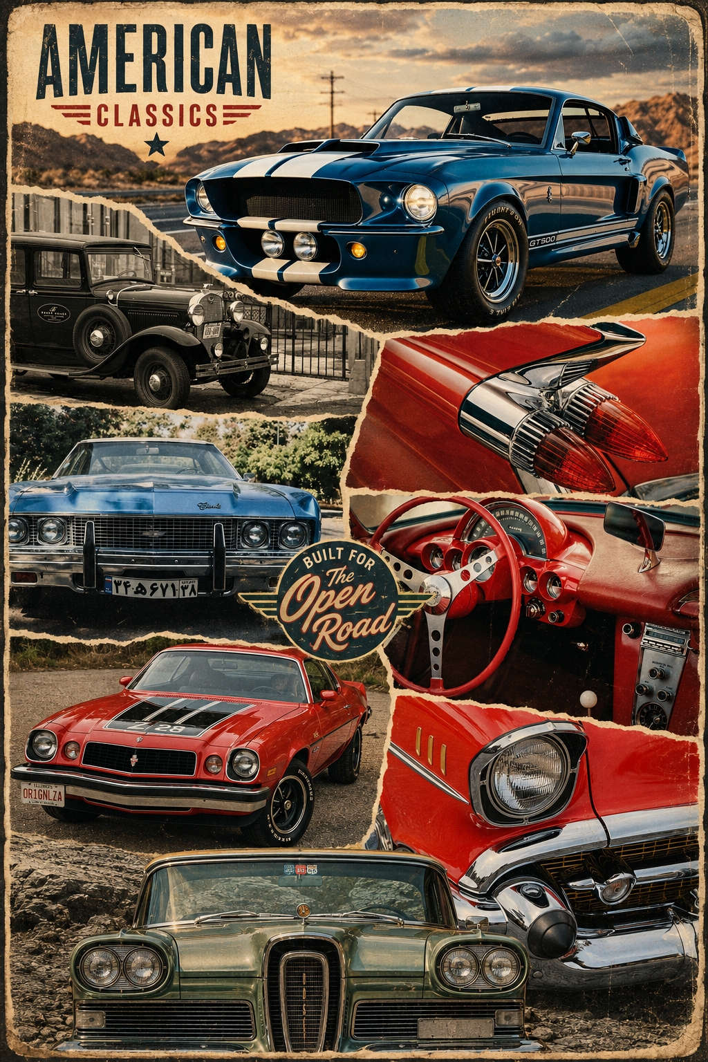 Vintage retro collage poster featuring iconic American muscle cars including blue Shelby Mustang, red Chevrolet, and classic automobiles with warm faded tones and retro tin sign aesthetic.