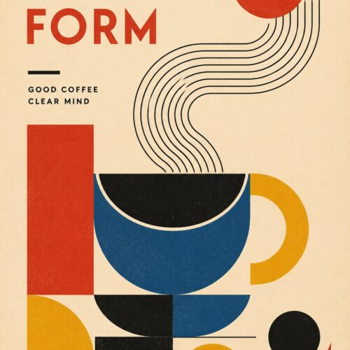 Geometric morning coffee poster featuring bold shapes in navy, yellow, red, and black with a cream background and uplifting text.