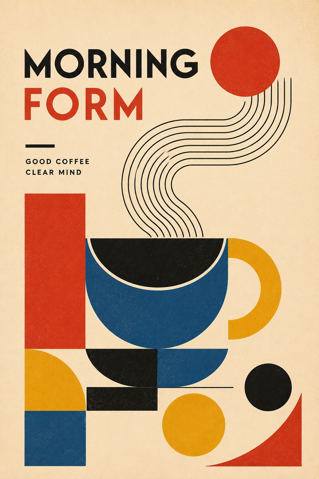 Geometric morning coffee poster featuring bold shapes in navy, yellow, red, and black with a cream background and uplifting text.