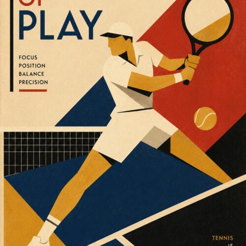Art Deco tennis player in dynamic serving pose with geometric shapes in navy, gold, cream, and red colors on vintage background.