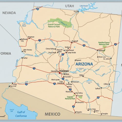 Detailed Arizona road map showing highways, cities, national parks, and geographic borders with Nevada, California, Utah, and New Mexico.