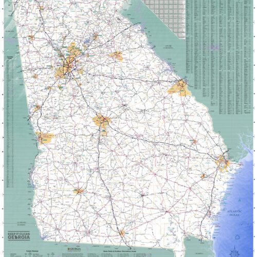 Detailed political map of Georgia displaying all 159 counties with complete road networks, coastal regions including Savannah and Brunswick, and Index to Cities, Towns, and Communities.