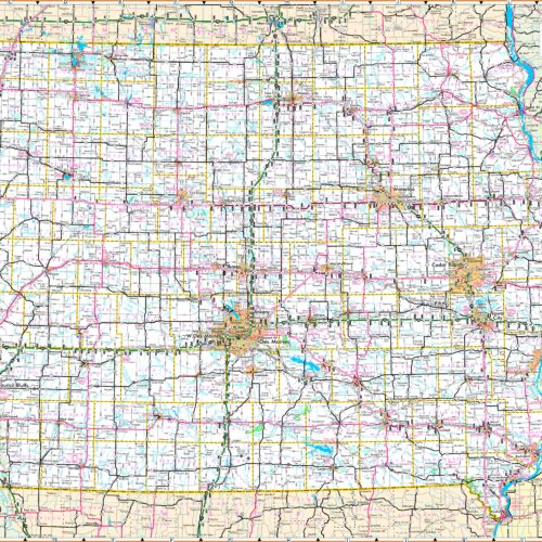 Comprehensive Iowa DOT transportation map showing highways, county boundaries, roads, and waterways in yellow, pink, blue, and green colors with detailed road network grid pattern.