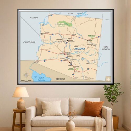 Detailed Arizona road map showing highways, cities, national parks, and geographic borders with Nevada, California, Utah, and New Mexico.