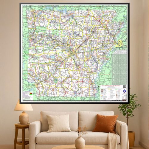 Detailed 2013 political and road map of Arkansas showing county boundaries, highways, cities, and topographic features with green and yellow color coding.