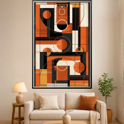 Art deco basketball poster with geometric orange, black, and cream circles and angular lines forming dynamic sports composition.