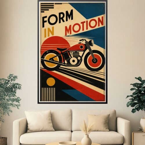 Art Deco motorcycle poster with geometric design, bold red and blue elements, cream background, and dynamic diagonal motion lines in Bauhaus style.