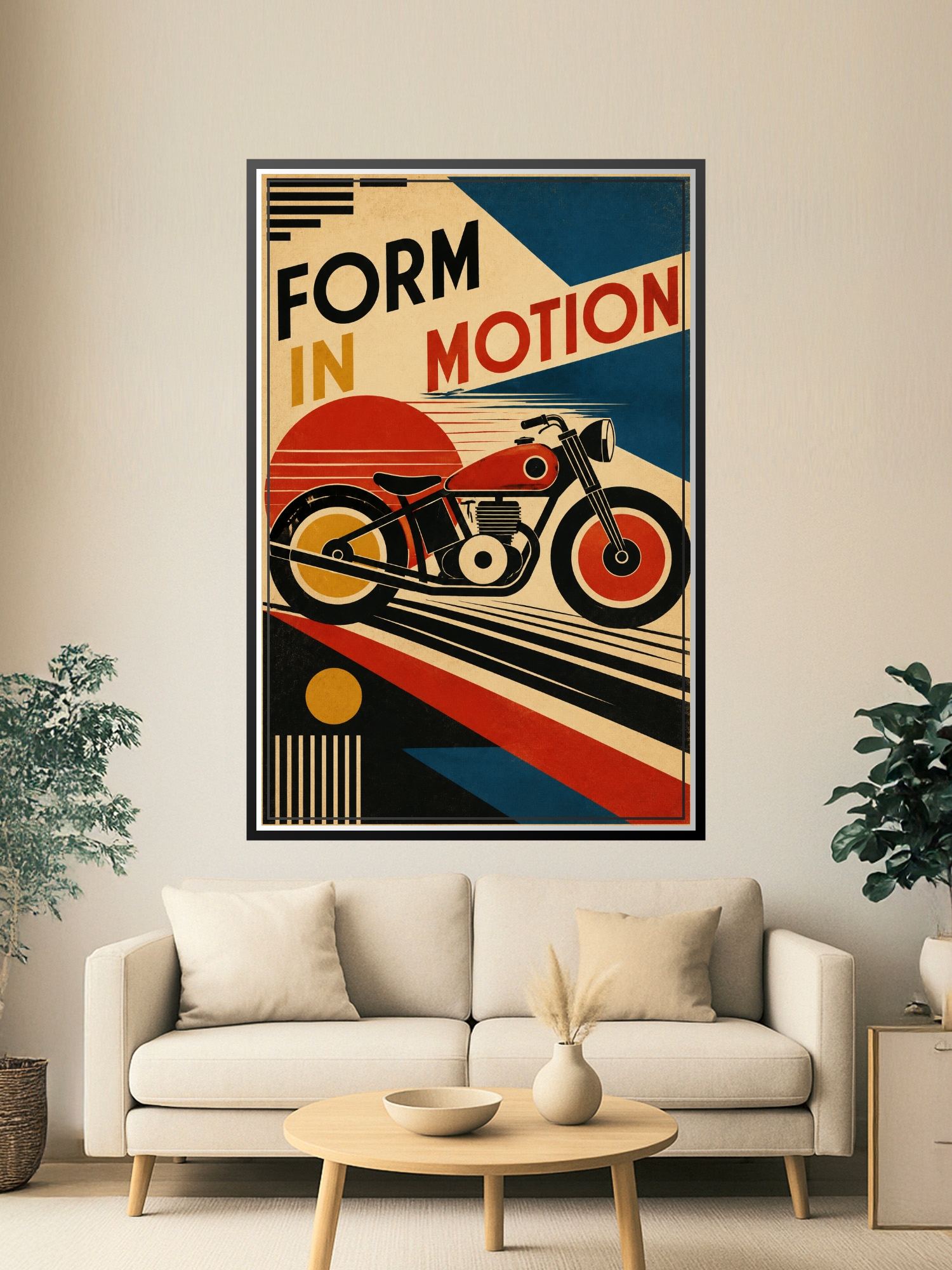 Art Deco motorcycle poster with geometric design, bold red and blue elements, cream background, and dynamic diagonal motion lines in Bauhaus style.