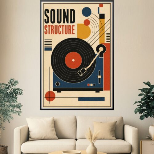 Bauhaus-style art deco turntable poster featuring a bold black vinyl record with concentric rings, geometric tonearm, and abstract sound waves in deep blue, mustard yellow, and red on a cream background.