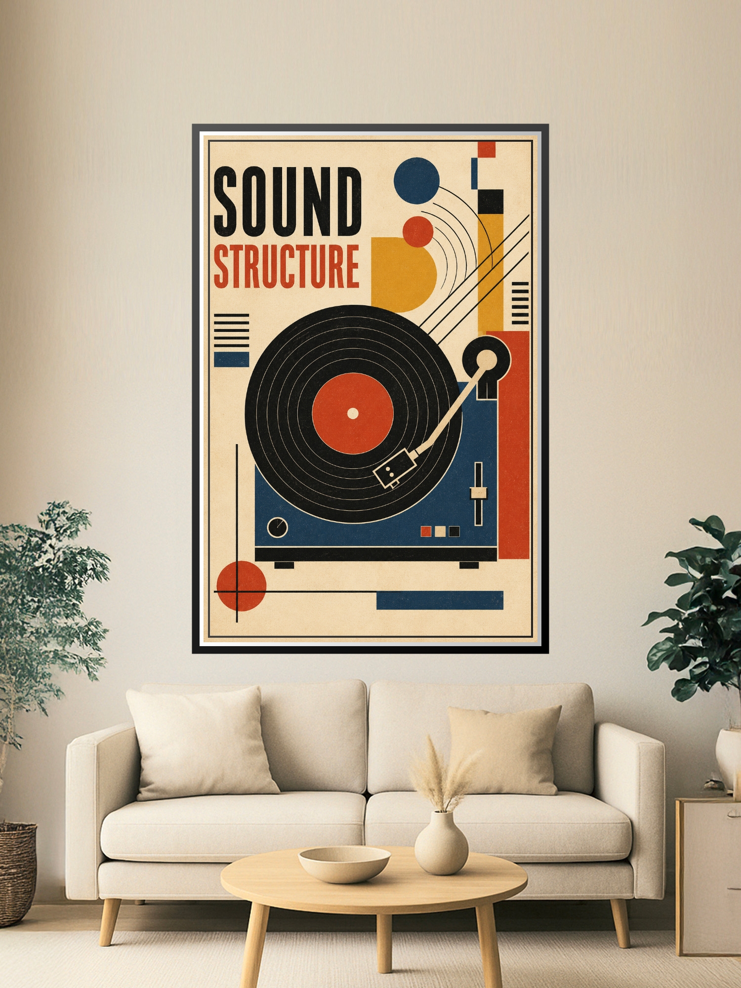 Bauhaus-style art deco turntable poster featuring a bold black vinyl record with concentric rings, geometric tonearm, and abstract sound waves in deep blue, mustard yellow, and red on a cream background.