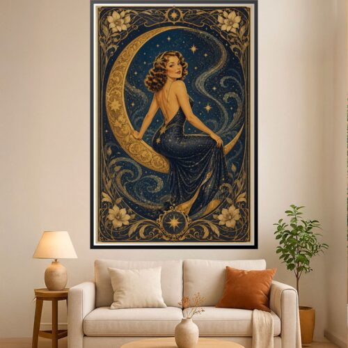 Art deco woman in elegant backless gown reclining on a golden crescent moon surrounded by stars and ornate floral borders in navy and gold.