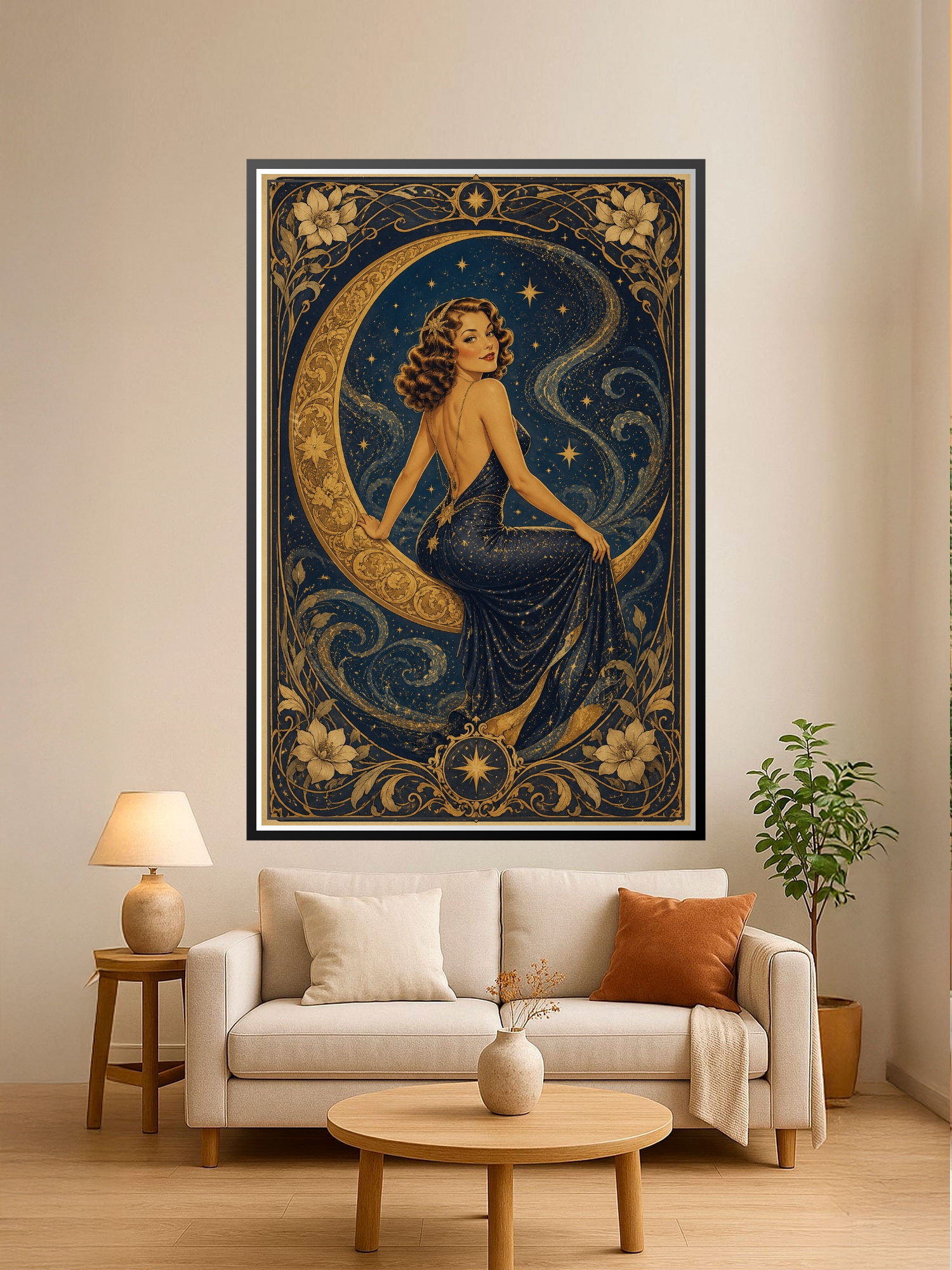 Art deco woman in elegant backless gown reclining on a golden crescent moon surrounded by stars and ornate floral borders in navy and gold.