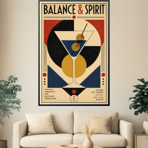 Vintage Art Deco cocktail poster featuring geometric martini glass with red, navy, and gold shapes on cream background, bold typography reading Balance & Spirit.