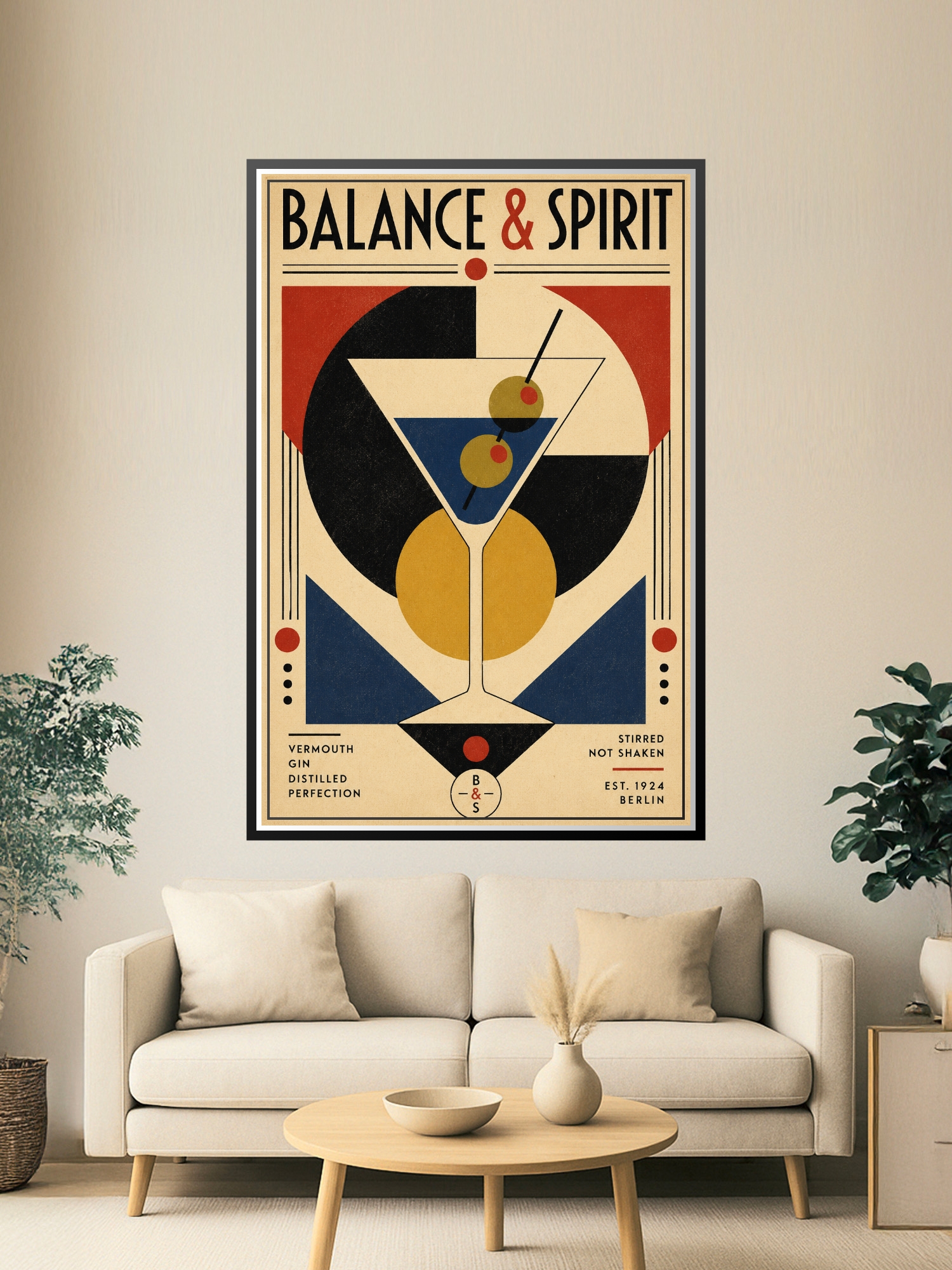 Vintage Art Deco cocktail poster featuring geometric martini glass with red, navy, and gold shapes on cream background, bold typography reading Balance & Spirit.