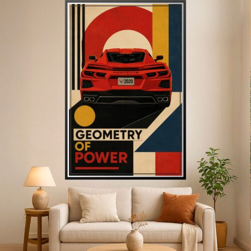 Bold Art Deco Corvette poster featuring a red 2020 sports car centered in a composition of black stripes, golden circles, and navy blocks on cream background, with Geometry of Power text.