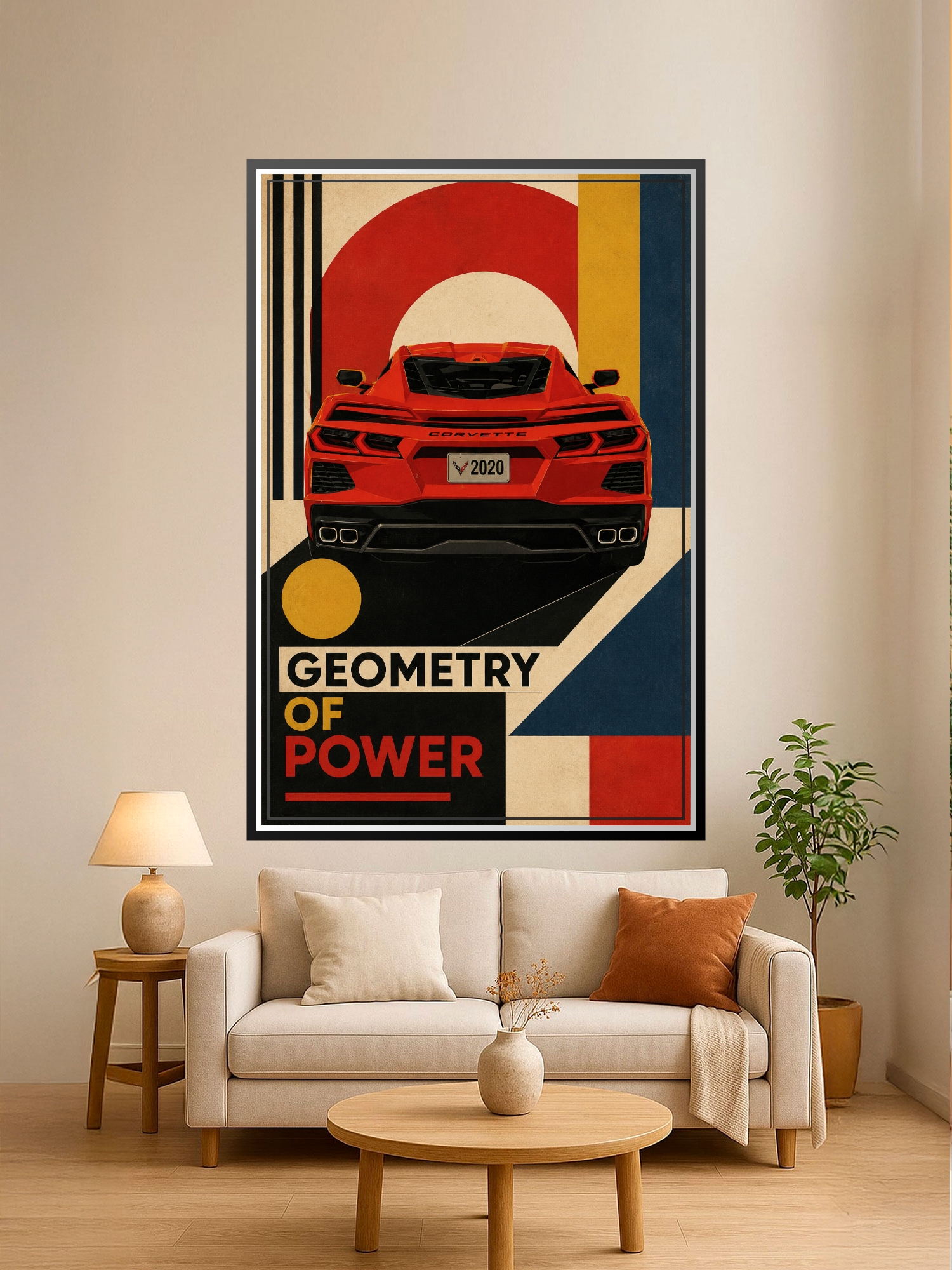 Bold Art Deco Corvette poster featuring a red 2020 sports car centered in a composition of black stripes, golden circles, and navy blocks on cream background, with Geometry of Power text.
