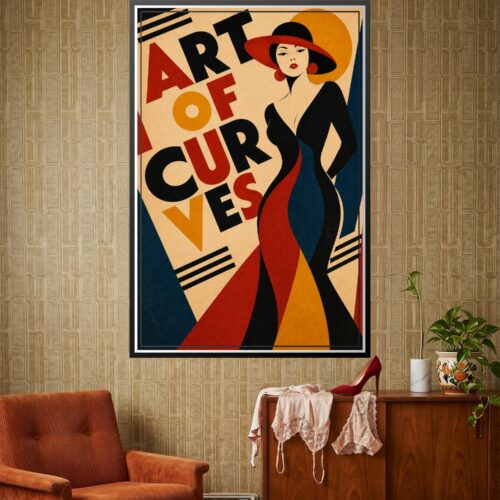 Art Deco poster of a stylized woman in red hat with flowing black curves and geometric shapes in gold, red, and navy blue, Bauhaus-inspired design.