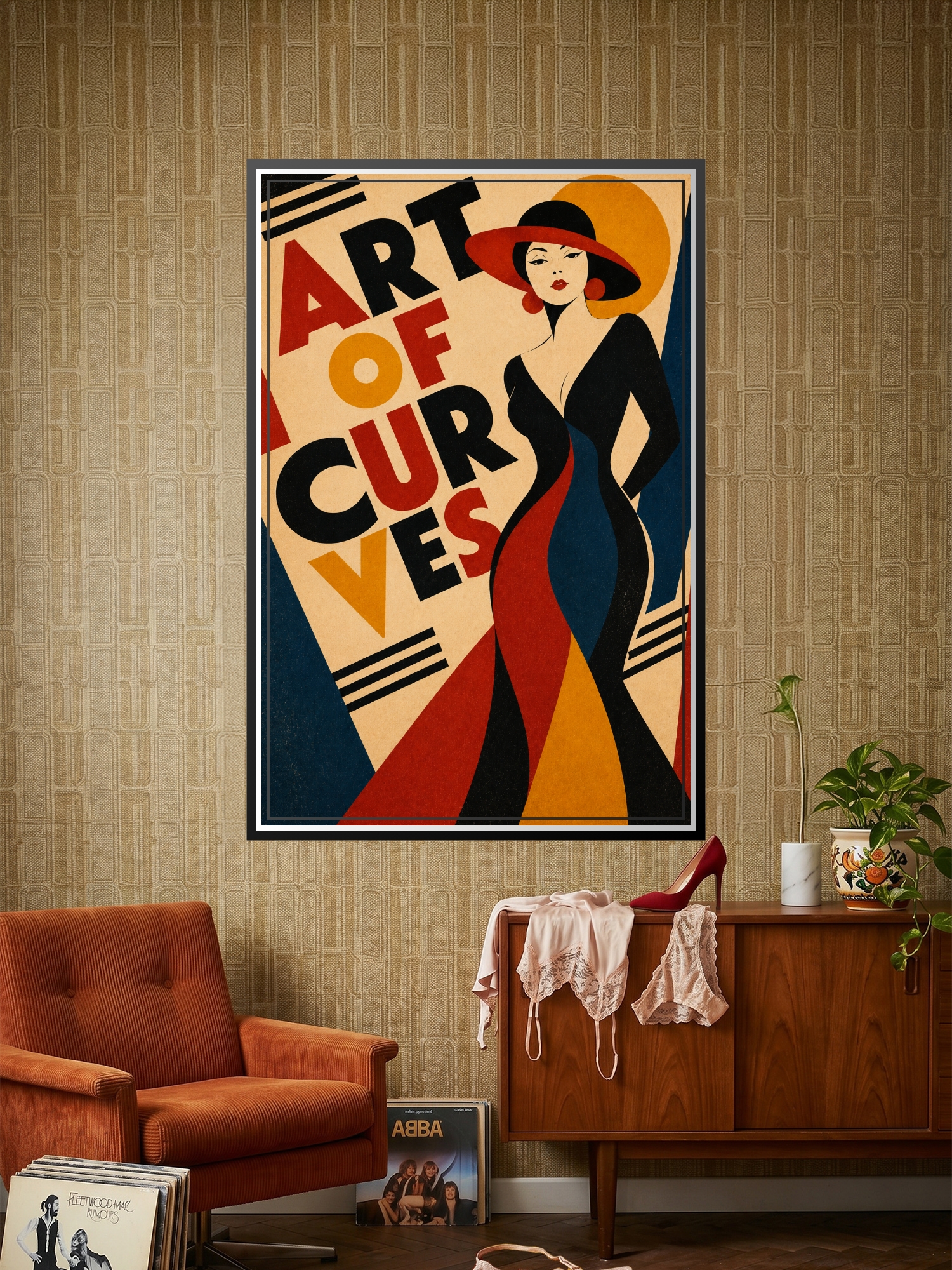 Art Deco poster of a stylized woman in red hat with flowing black curves and geometric shapes in gold, red, and navy blue, Bauhaus-inspired design.