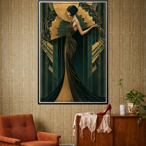 Art Deco woman poster featuring an elegant figure in golden feathered gown with radiating geometric patterns and forest green background.