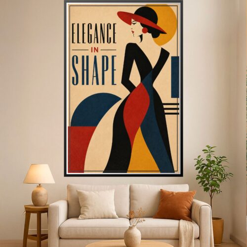 Stylized woman silhouette in bold geometric shapes wearing a long dress with red and blue panels, wearing a red hat, against cream background with Art Deco typography reading Elegance In Shape.