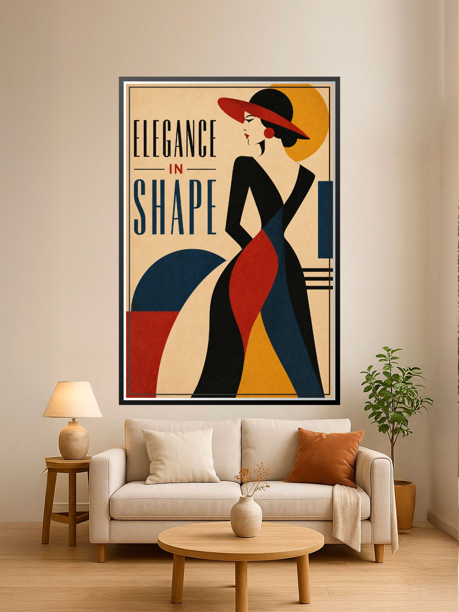 Stylized woman silhouette in bold geometric shapes wearing a long dress with red and blue panels, wearing a red hat, against cream background with Art Deco typography reading Elegance In Shape.