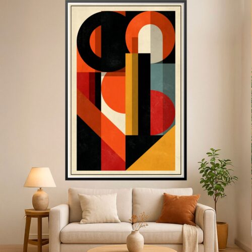 Bold art deco geometric poster with overlapping circles and rectangles in burnt orange, black, cream, and mustard yellow on textured cream background.