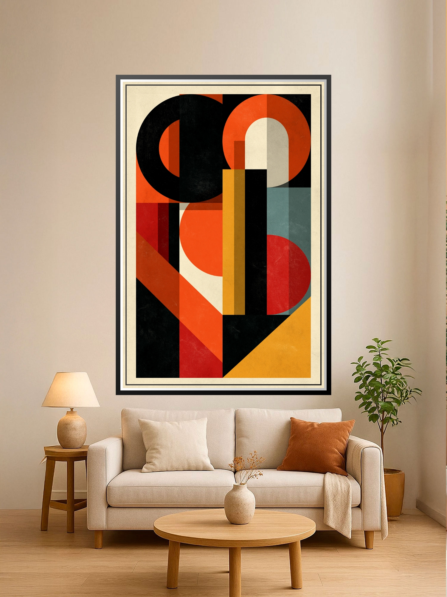Bold art deco geometric poster with overlapping circles and rectangles in burnt orange, black, cream, and mustard yellow on textured cream background.