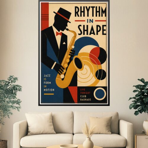 Bold Art Deco jazz saxophone player poster with geometric silhouette, golden saxophone, and abstract circular sound wave forms in red, navy, mustard, and cream colors.