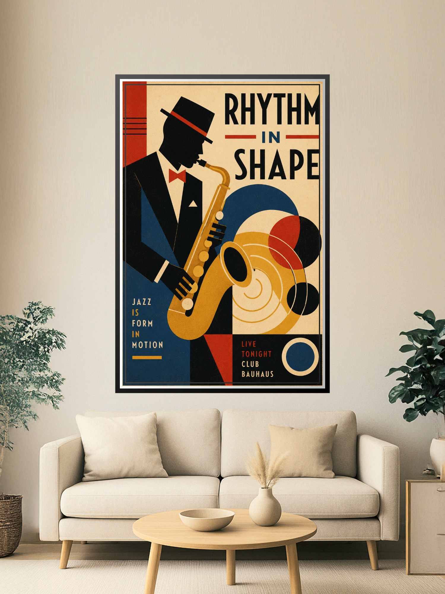 Bold Art Deco jazz saxophone player poster with geometric silhouette, golden saxophone, and abstract circular sound wave forms in red, navy, mustard, and cream colors.