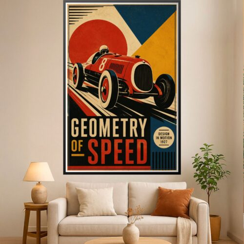 Vintage Art Deco racing car wall art in bold red with geometric shapes, cream, teal, and mustard yellow colors, 1920s Bauhaus poster style.