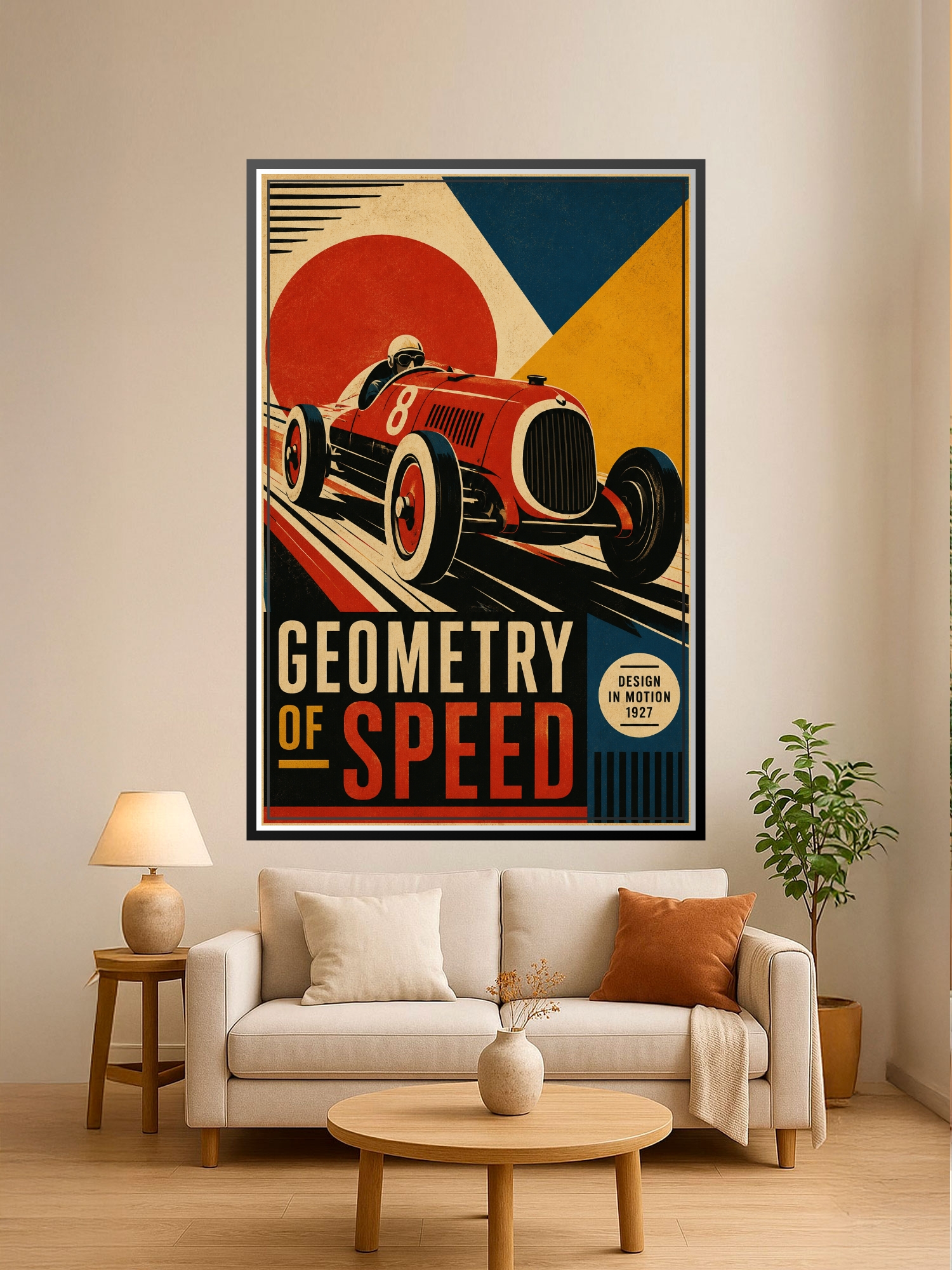 Vintage Art Deco racing car wall art in bold red with geometric shapes, cream, teal, and mustard yellow colors, 1920s Bauhaus poster style.