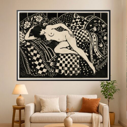 Black and white art deco lineart of a reclining female figure surrounded by ornate patterned fabrics with geometric and floral motifs.