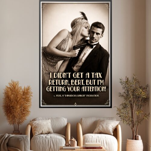 Art deco poster of woman with gun leaning toward man in tuxedo, sepia tones with geometric gold borders, 1928 vintage cinema style.