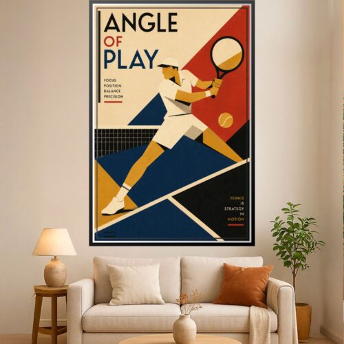 Art Deco tennis player in dynamic serving pose with geometric shapes in navy, gold, cream, and red colors on vintage background.