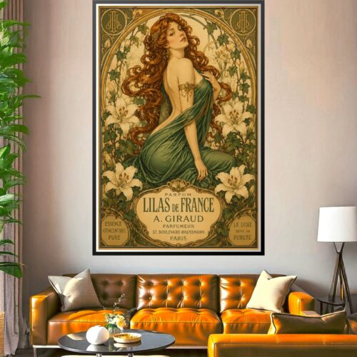 Art Nouveau poster of a woman with long auburn hair in emerald drape surrounded by cream lilies, ivy, and ornate gold borders—vintage perfume advertisement wall art.