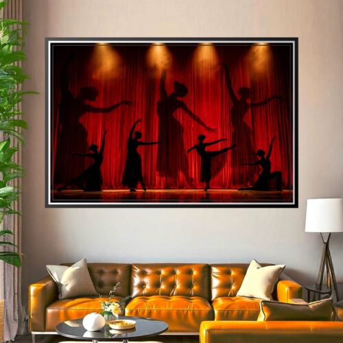 Silhouettes of graceful ballet dancers performing on a red stage curtain with golden spotlight illumination creating dramatic theater wall art.