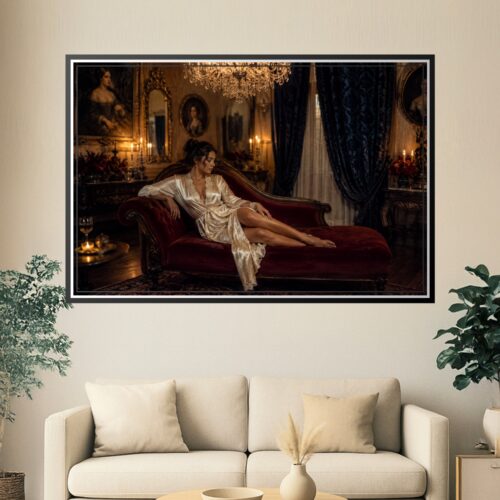 Baroque woman in ivory silk robe reclining on crimson velvet chaise lounge in ornate gold-framed room with crystal chandelier and candlelit luxury wall art.