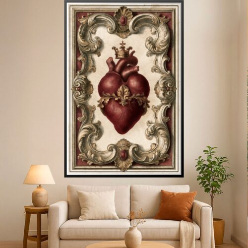 Baroque sacred heart crowned with ornate gilded scrollwork frame, burgundy anatomical heart against cream background with gold acanthus leaf flourishes.