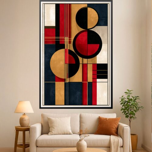 Bauhaus abstract poster featuring stacked circles and grid lines in red, black, tan, mustard, and navy blocks with refined 1920s modernist graphic design.