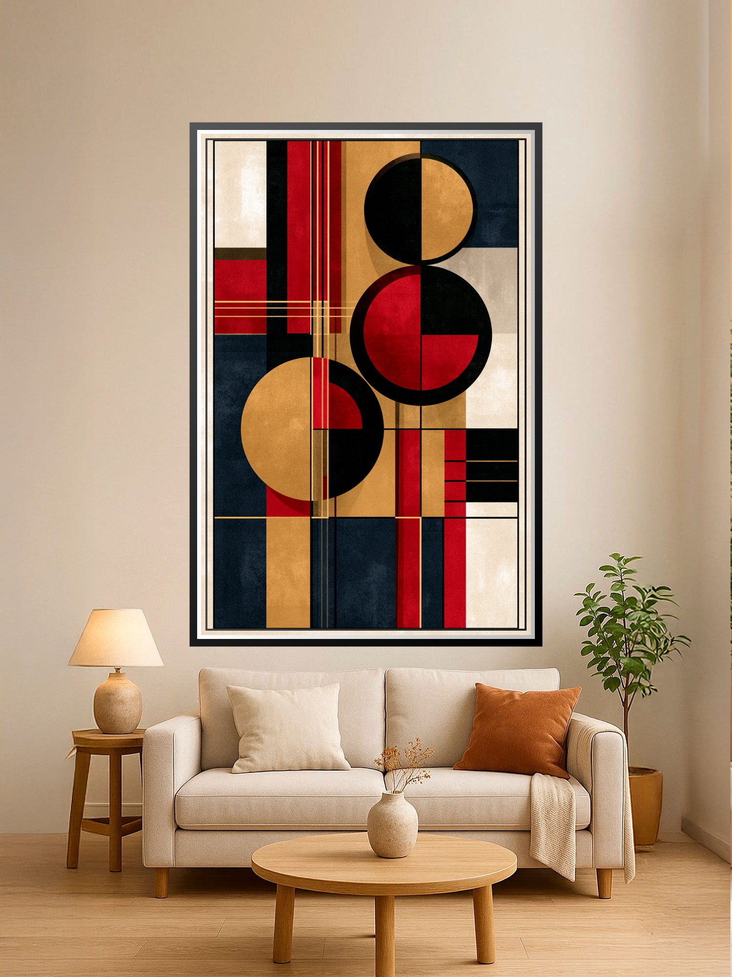 Bauhaus abstract poster featuring stacked circles and grid lines in red, black, tan, mustard, and navy blocks with refined 1920s modernist graphic design.