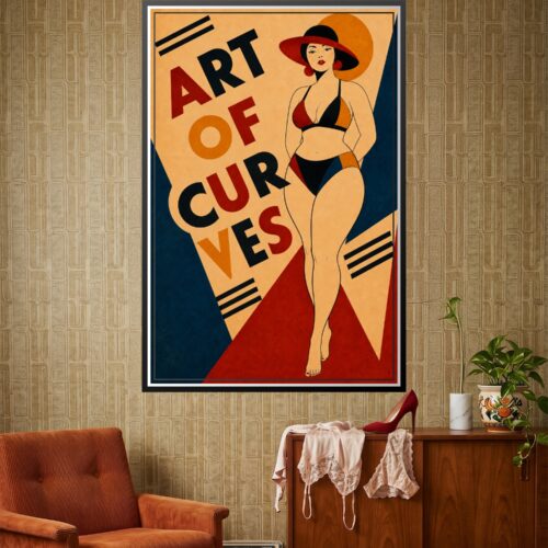 Bauhaus-inspired art deco poster of a stylized female figure with geometric curves wearing a red and orange bikini, framed by bold typography reading Art of Curves against cream, gold, navy, and red background.
