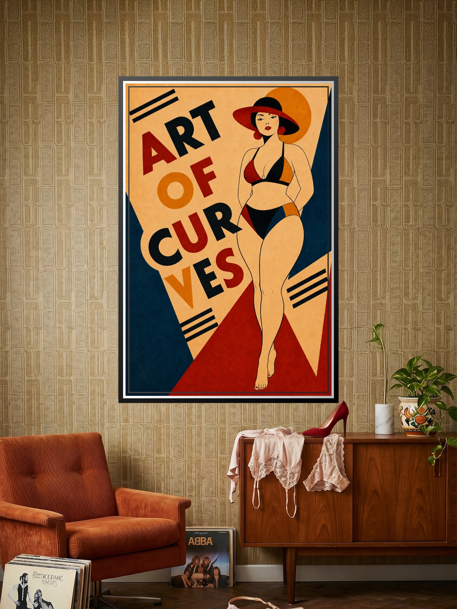 Bauhaus-inspired art deco poster of a stylized female figure with geometric curves wearing a red and orange bikini, framed by bold typography reading Art of Curves against cream, gold, navy, and red background.