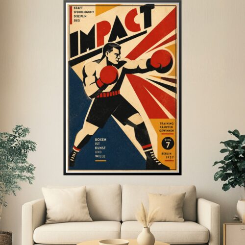 Vintage Bauhaus boxing poster featuring a geometric muscular fighter in fighting stance with oversized red gloves, sharp black lines, and dynamic diagonal impact lines on cream background.