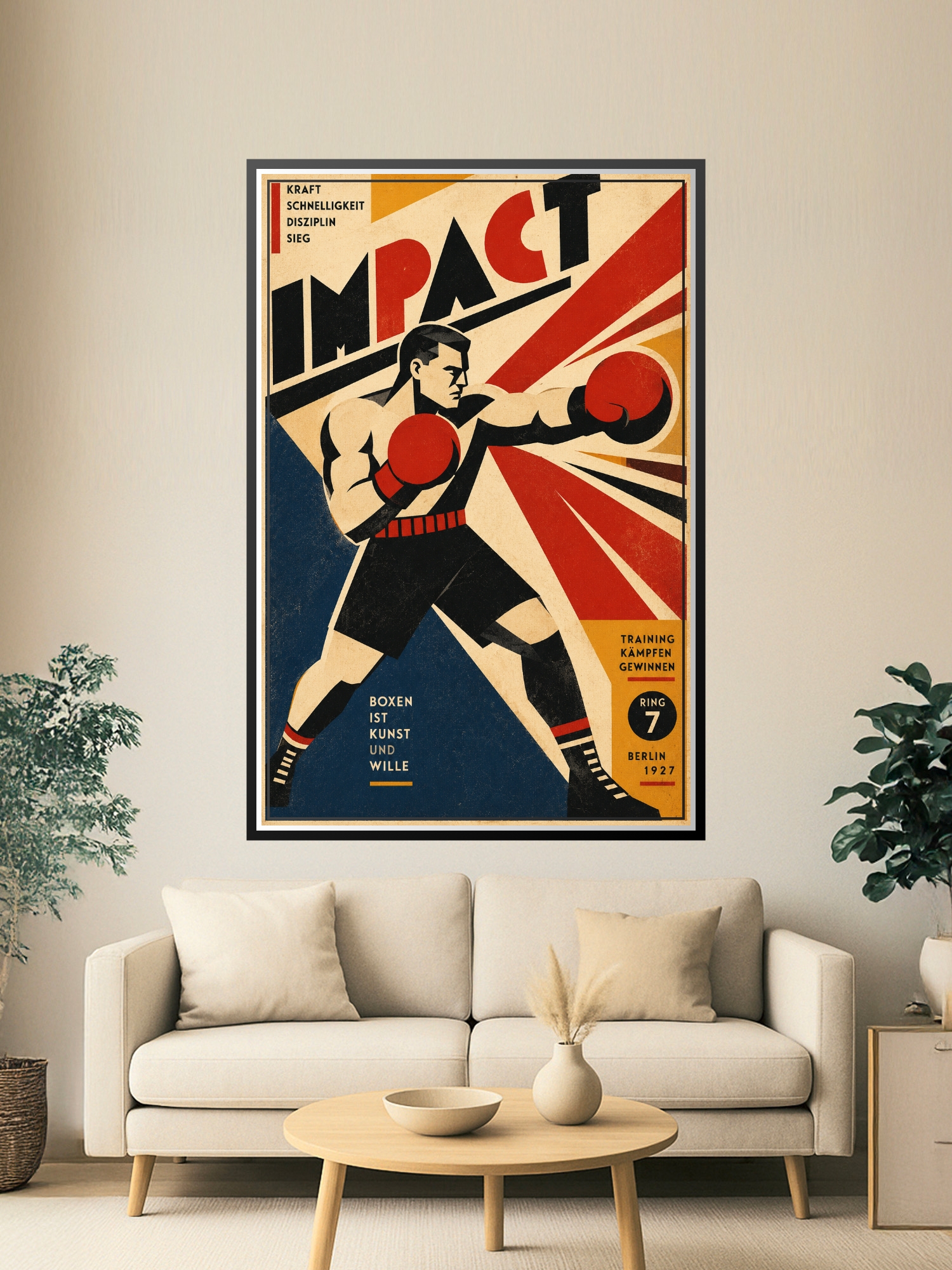 Vintage Bauhaus boxing poster featuring a geometric muscular fighter in fighting stance with oversized red gloves, sharp black lines, and dynamic diagonal impact lines on cream background.