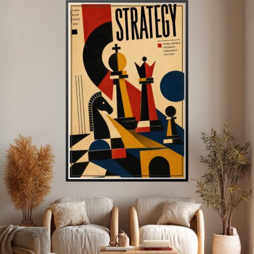 Bauhaus-inspired chess poster with abstract geometric king, queen, knight, and pawn on cream background, featuring bold red, black, mustard yellow, and deep blue shapes with strong shadows and clean typography reading Strategy.