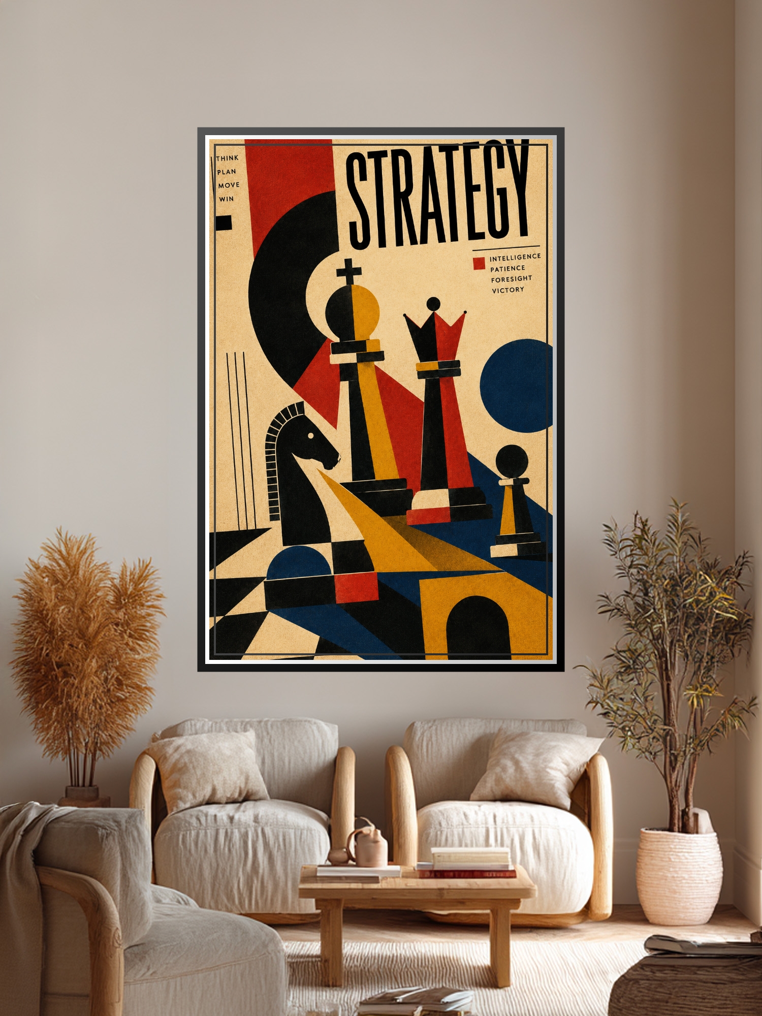 Bauhaus-inspired chess poster with abstract geometric king, queen, knight, and pawn on cream background, featuring bold red, black, mustard yellow, and deep blue shapes with strong shadows and clean typography reading Strategy.
