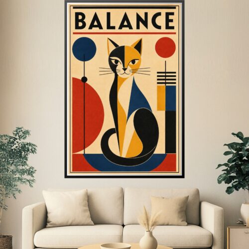 Bauhaus-style cat poster featuring a geometric feline in cream, navy, gold, red, and black with circles, triangles, and curved shapes.