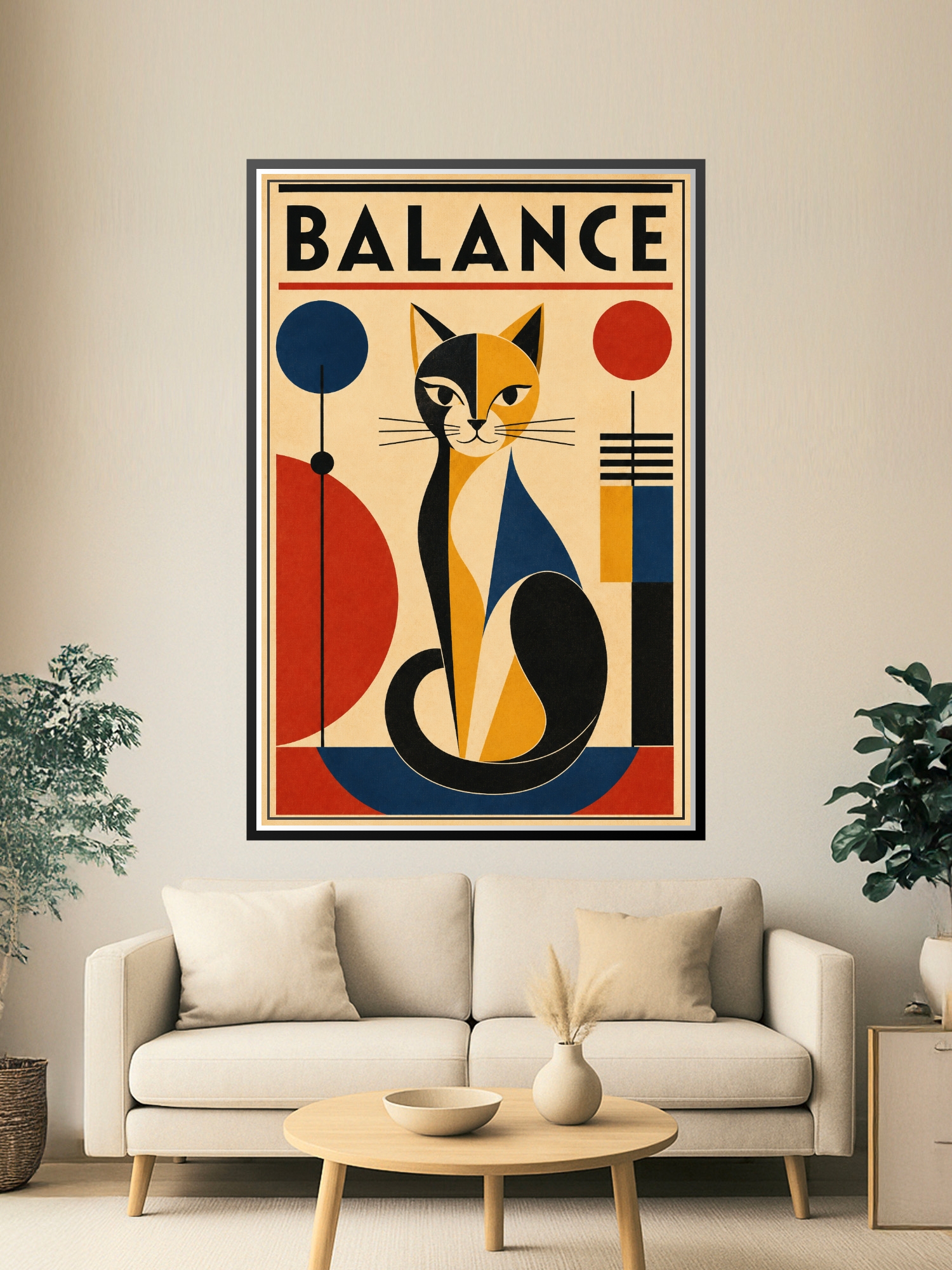 Bauhaus-style cat poster featuring a geometric feline in cream, navy, gold, red, and black with circles, triangles, and curved shapes.
