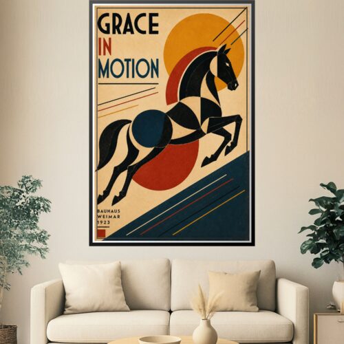 Vintage Bauhaus horse poster with geometric abstract forms in navy, crimson, and ochre against cream background, featuring bold lines and art deco composition.