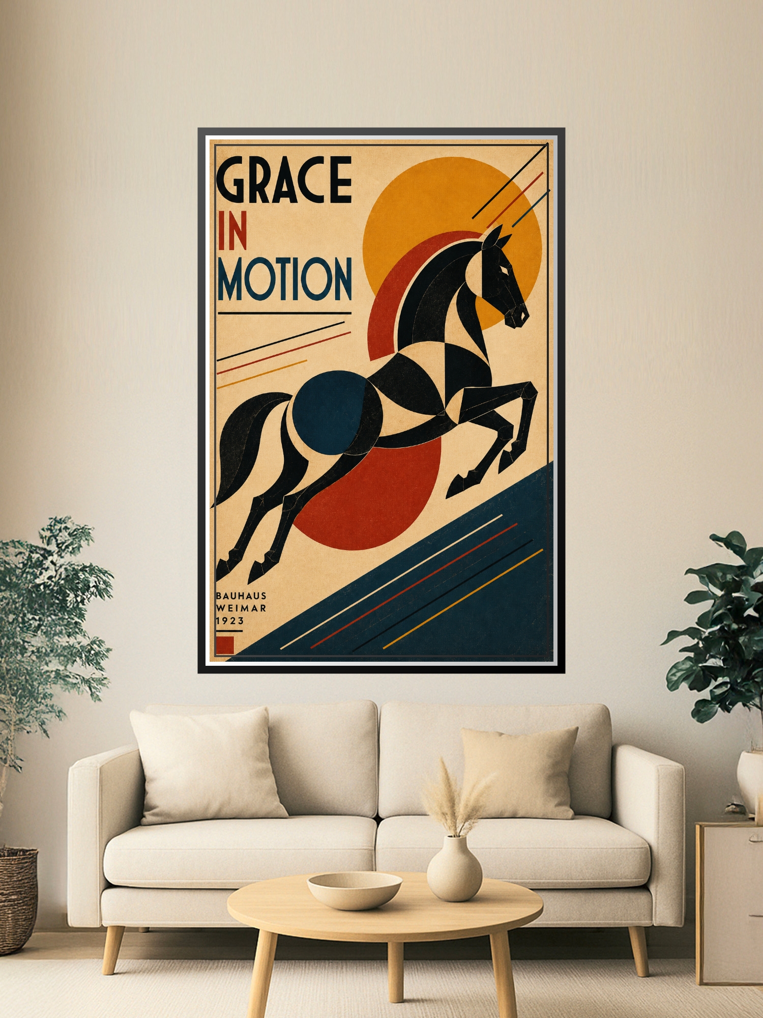 Vintage Bauhaus horse poster with geometric abstract forms in navy, crimson, and ochre against cream background, featuring bold lines and art deco composition.